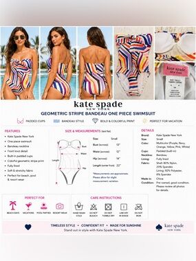 Kate Spade New York Geometric Stripe Bandeau One Piece Swimsuit Padded Small